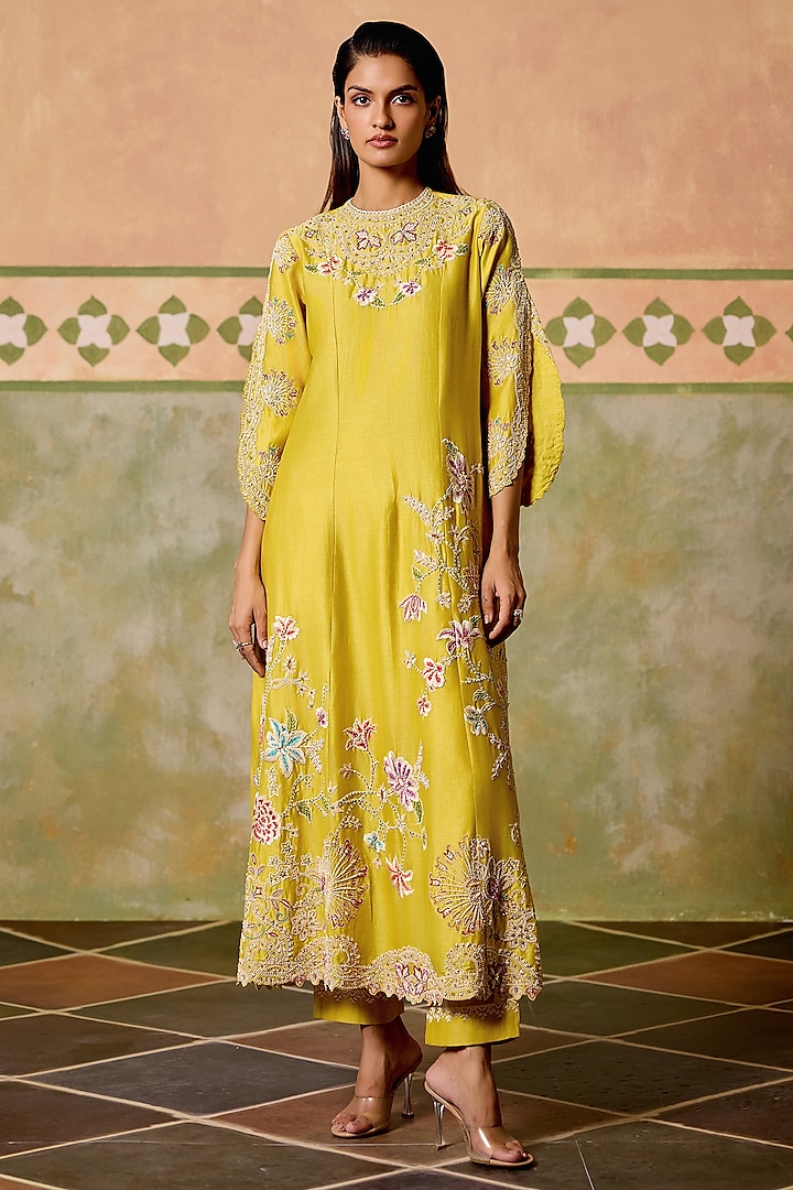 Yellow Chanderi Thread Work Flared Kurta Set by Chandrima at Pernia's Pop Up Shop