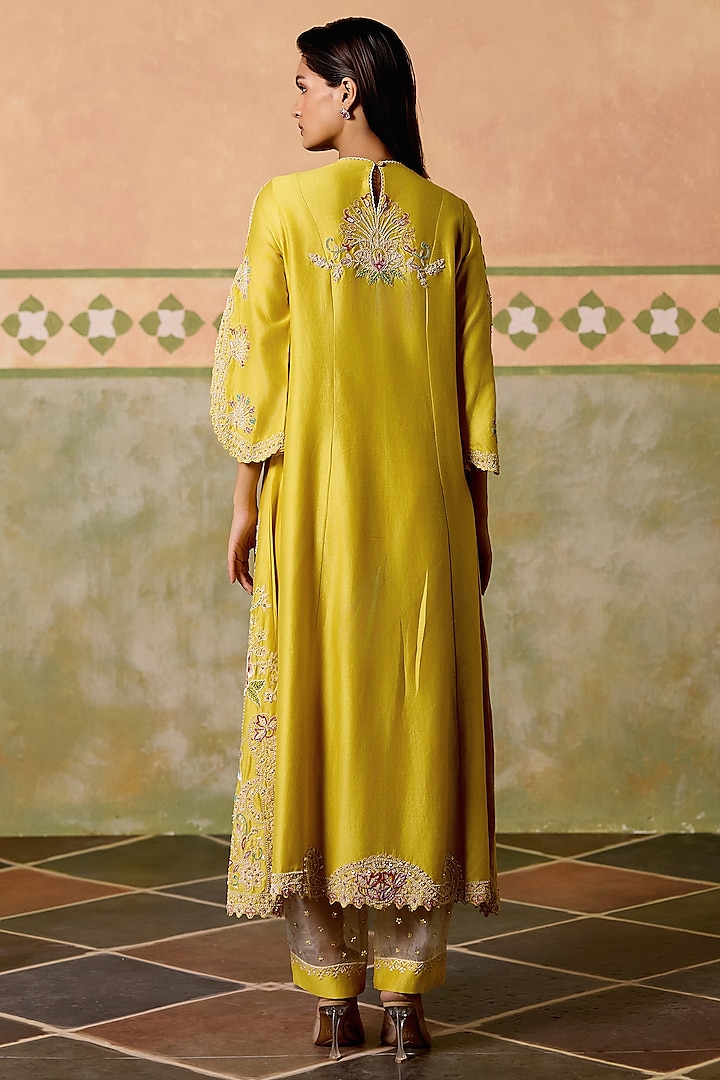 Yellow Chanderi Thread Work Flared Kurta Set by Chandrima at Pernia's Pop Up Shop
