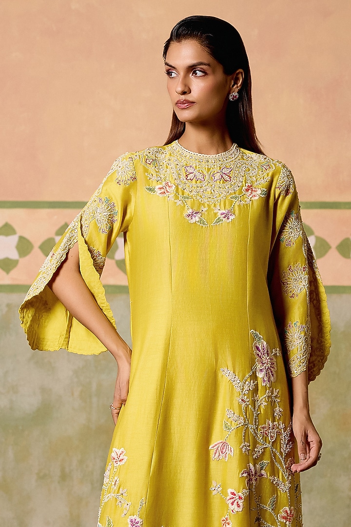 Yellow Chanderi Thread Work Flared Kurta Set by Chandrima at Pernia's Pop Up Shop