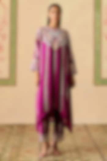 Purple Chanderi Thread Work Asymmetric Kimono Kurta Set by Chandrima at Pernia's Pop Up Shop