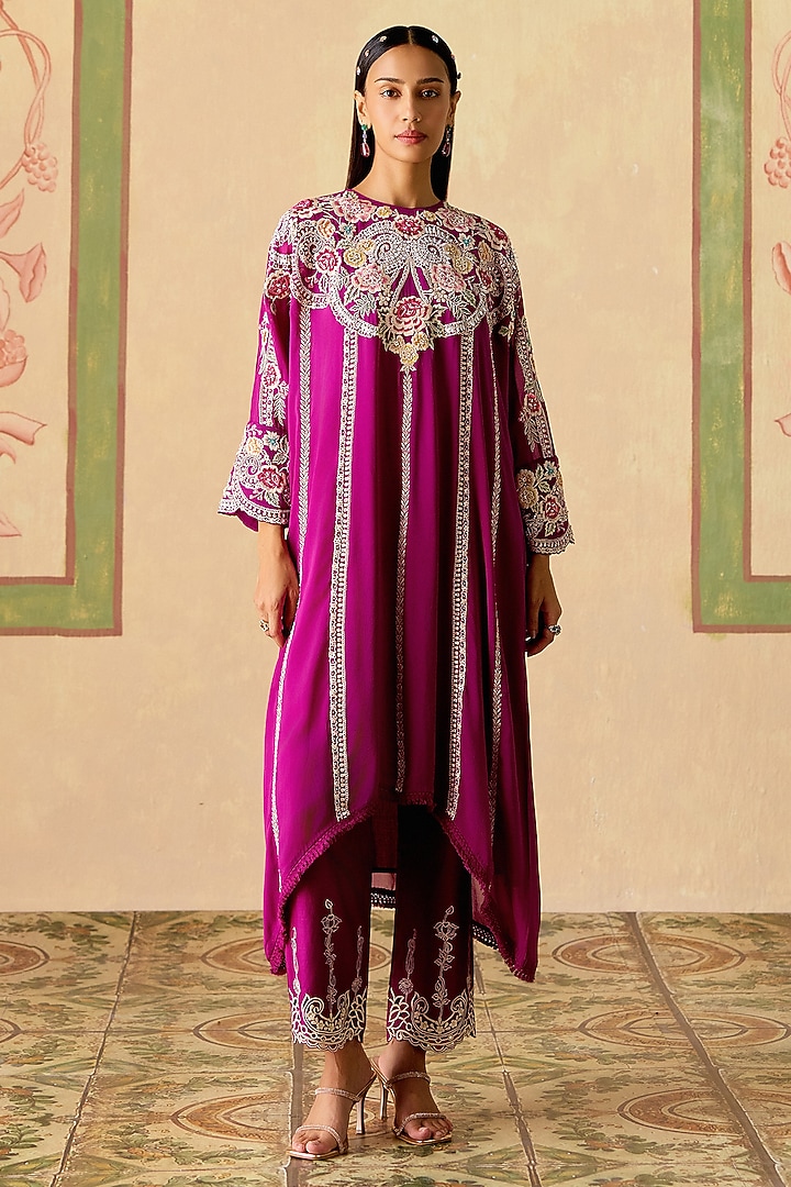 Purple Chanderi Thread Work Asymmetric Kimono Kurta Set by Chandrima at Pernia's Pop Up Shop
