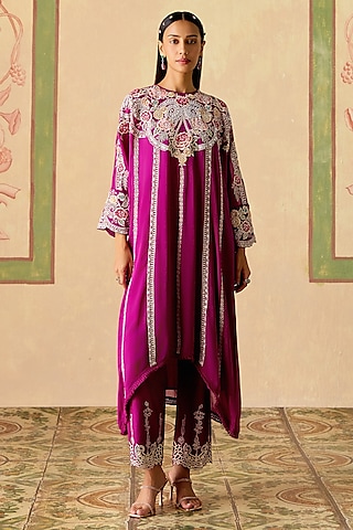 Purple Chanderi Thread Work Asymmetric Kimono Kurta Set by Chandrima