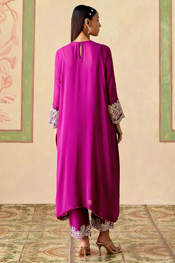 Purple Chanderi Thread Work Asymmetric Kimono Kurta Set by Chandrima at Pernia's Pop Up Shop