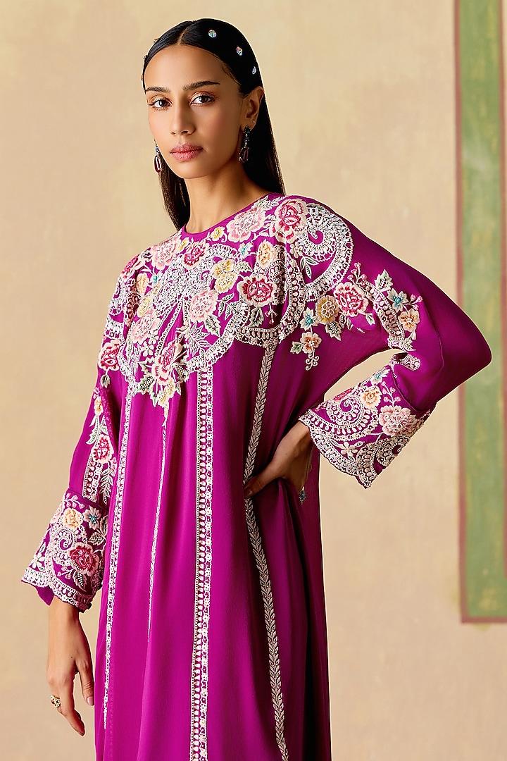 Purple Chanderi Thread Work Asymmetric Kimono Kurta Set by Chandrima at Pernia's Pop Up Shop