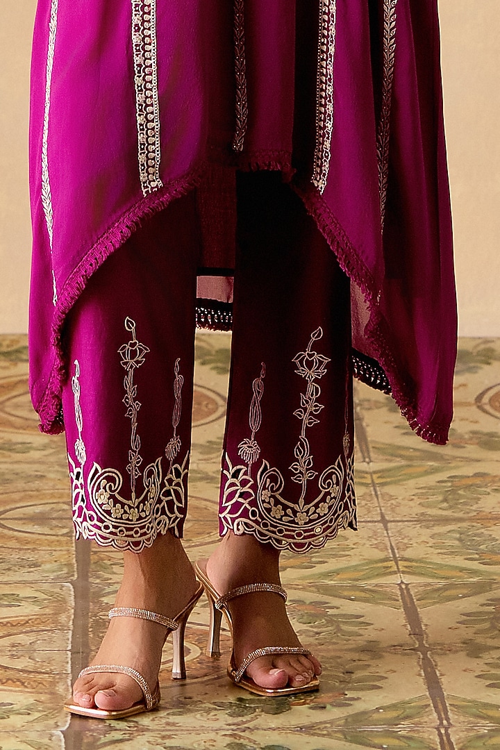 Purple Chanderi Thread Work Asymmetric Kimono Kurta Set by Chandrima at Pernia's Pop Up Shop