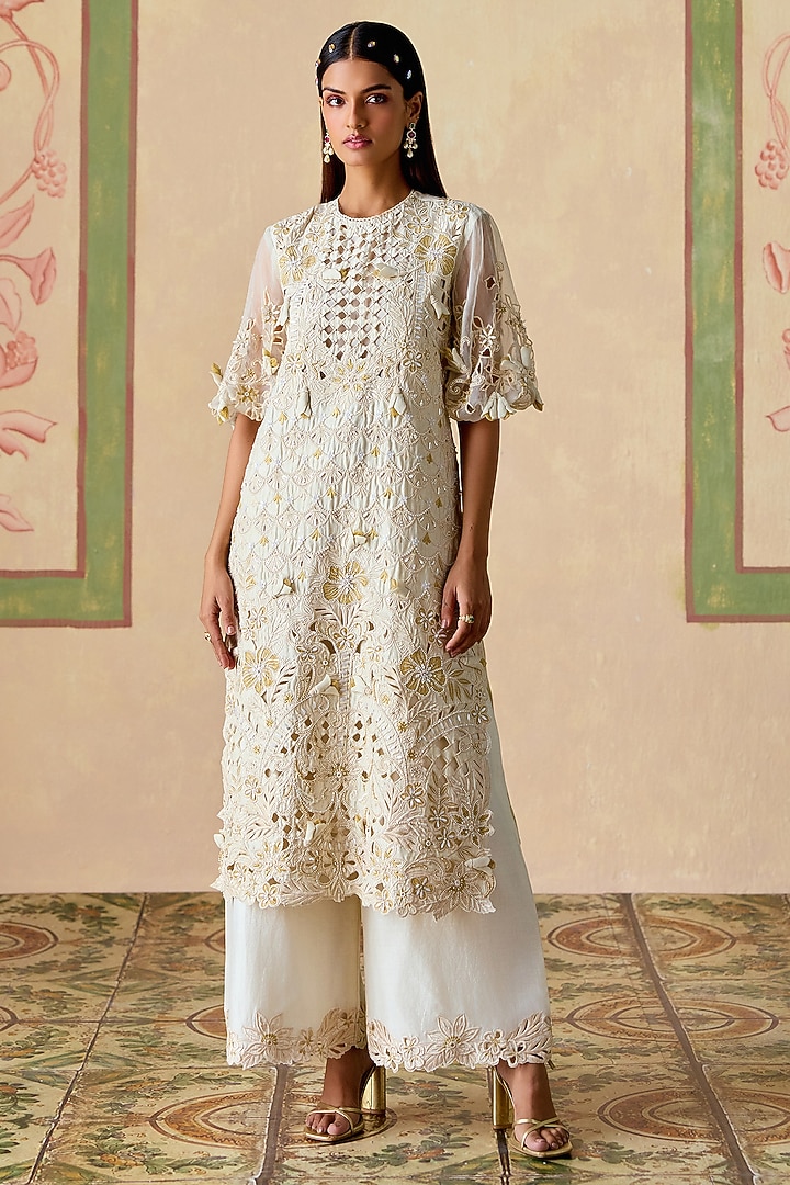 Ivory & Gold Chanderi Applique Work Kurta Set by Chandrima at Pernia's Pop Up Shop