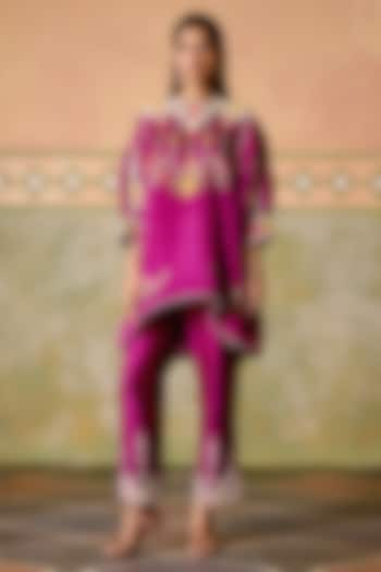 Purple Chanderi Thread Work Asymmetric Kimono Kurta Set by Chandrima at Pernia's Pop Up Shop