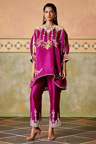 Purple Chanderi Thread Work Asymmetric Kimono Kurta Set by Chandrima