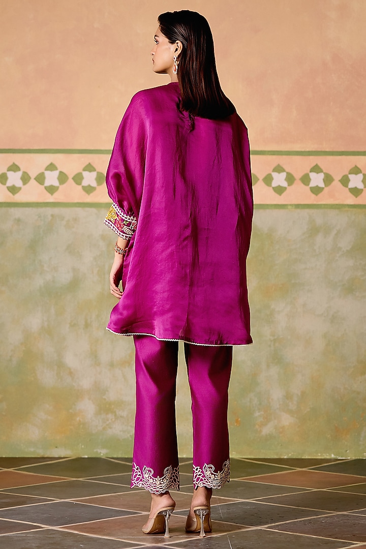 Purple Chanderi Thread Work Asymmetric Kimono Kurta Set by Chandrima at Pernia's Pop Up Shop