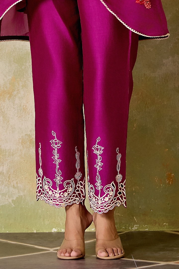 Purple Chanderi Thread Work Asymmetric Kimono Kurta Set by Chandrima at Pernia's Pop Up Shop