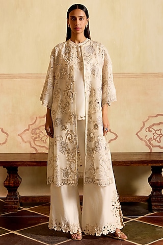 Ivory Silk Organza Metallic Applique Jacket by Chandrima