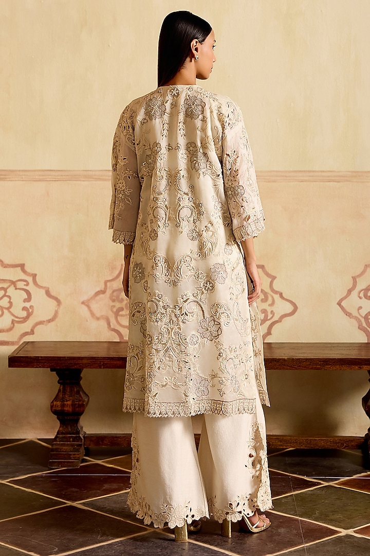 Ivory Silk Organza Metallic Applique Jacket by Chandrima at Pernia's Pop Up Shop