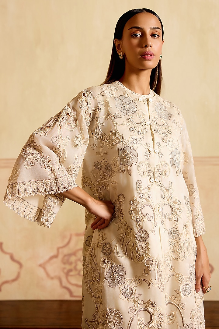 Ivory Silk Organza Metallic Applique Jacket by Chandrima at Pernia's Pop Up Shop