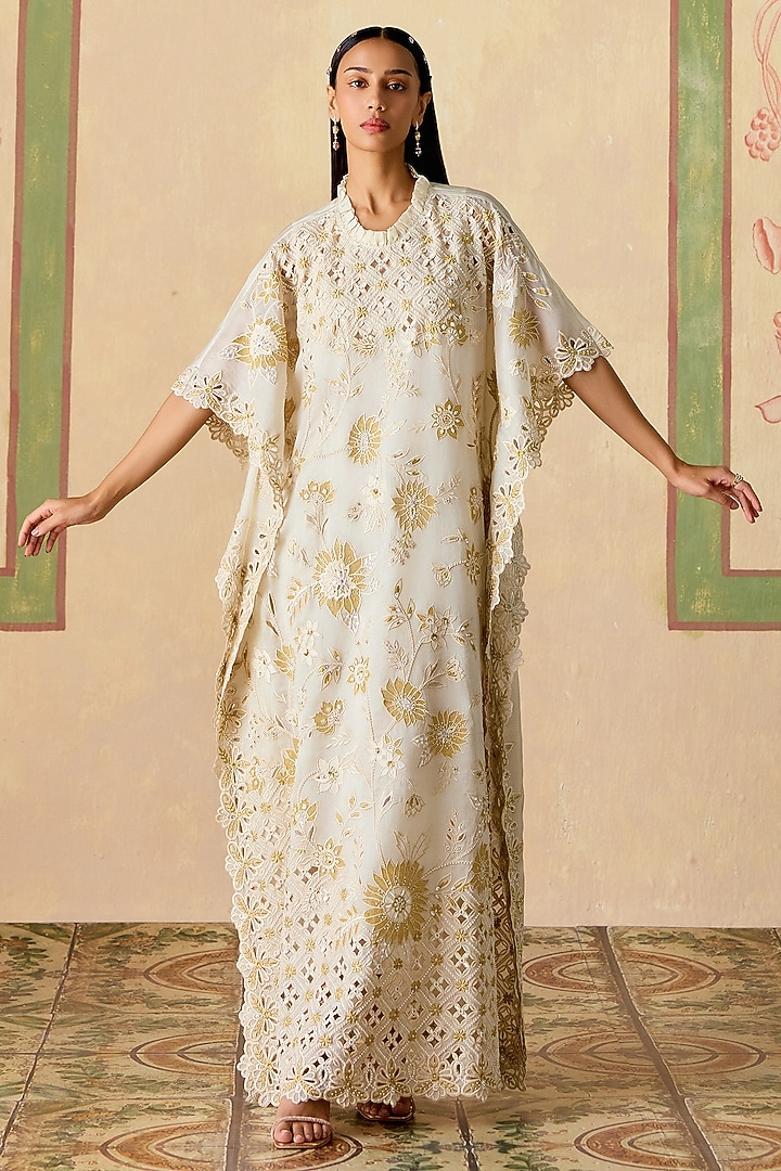 Ivory Silk Organza Metallic Applique Kaftan by Chandrima at Pernia's Pop Up Shop