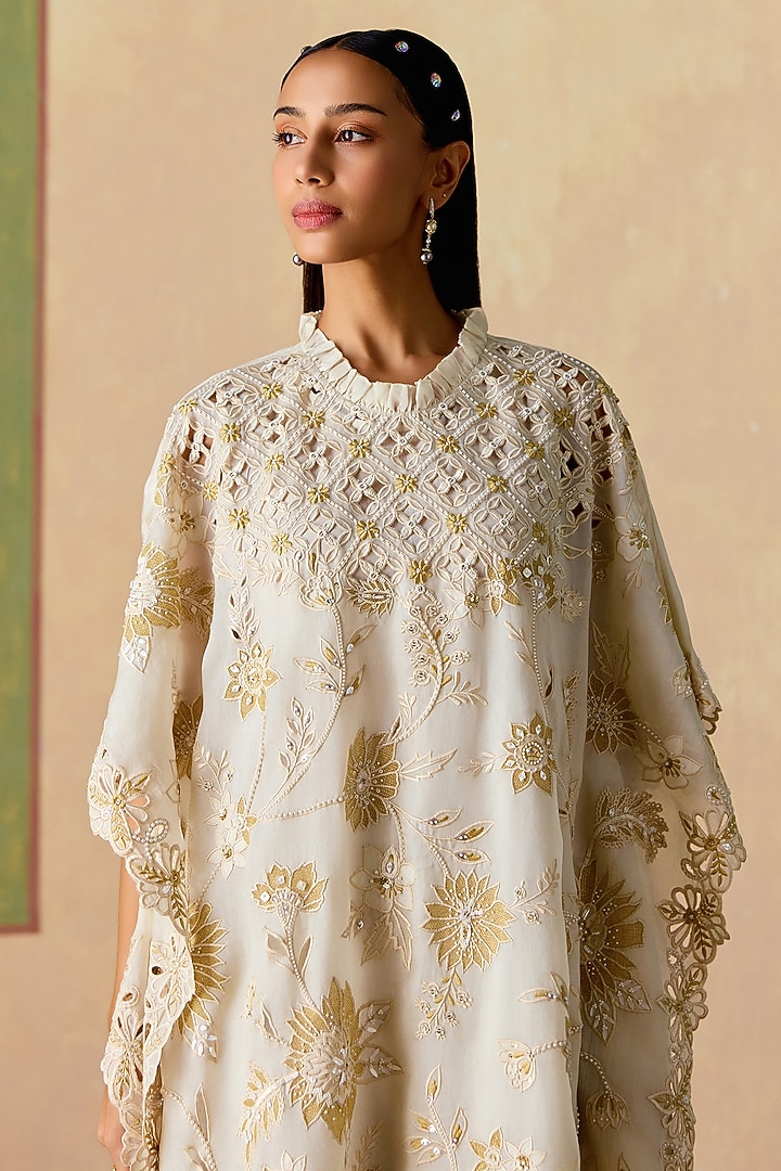 Ivory Silk Organza Metallic Applique Kaftan by Chandrima at Pernia's Pop Up Shop