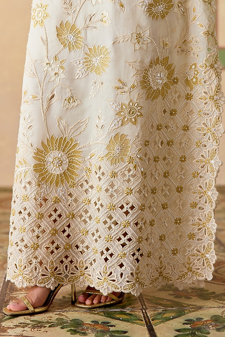 Ivory Silk Organza Metallic Applique Kaftan by Chandrima at Pernia's Pop Up Shop