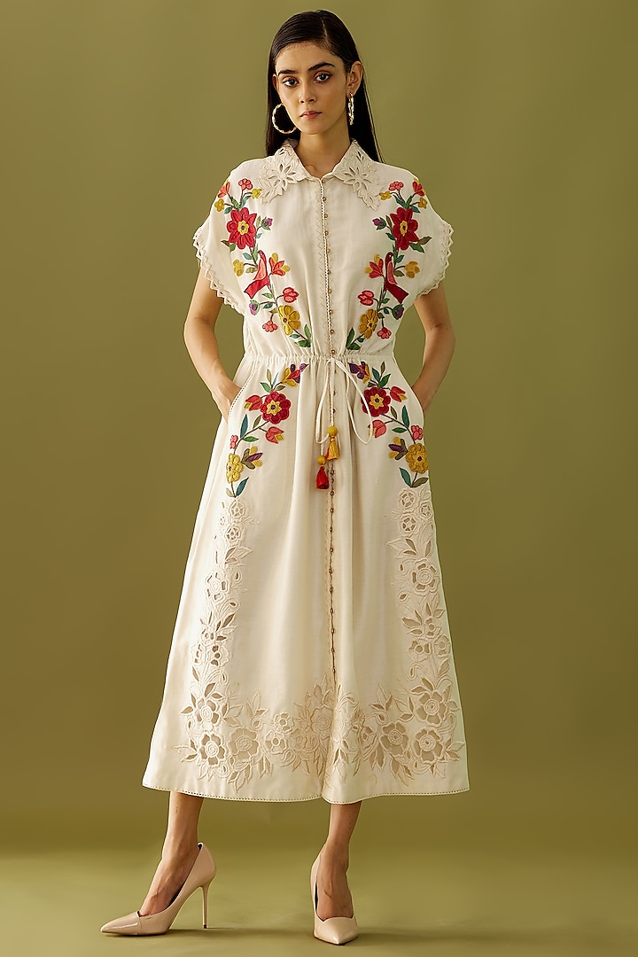 Ivory Embroidered Shirt Dress by Chandrima