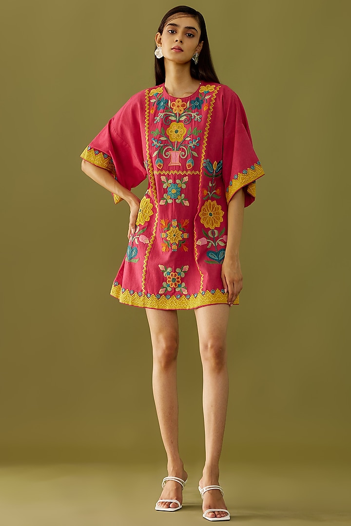 Fuchsia Embroidered Mini Dress by Chandrima at Pernia's Pop Up Shop