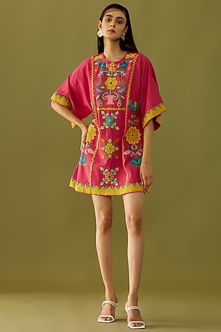 Fuchsia Embroidered Mini Dress by Chandrima