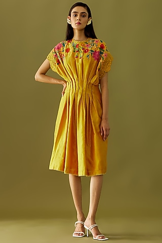 Yellow Embroidered Midi Dress by Chandrima