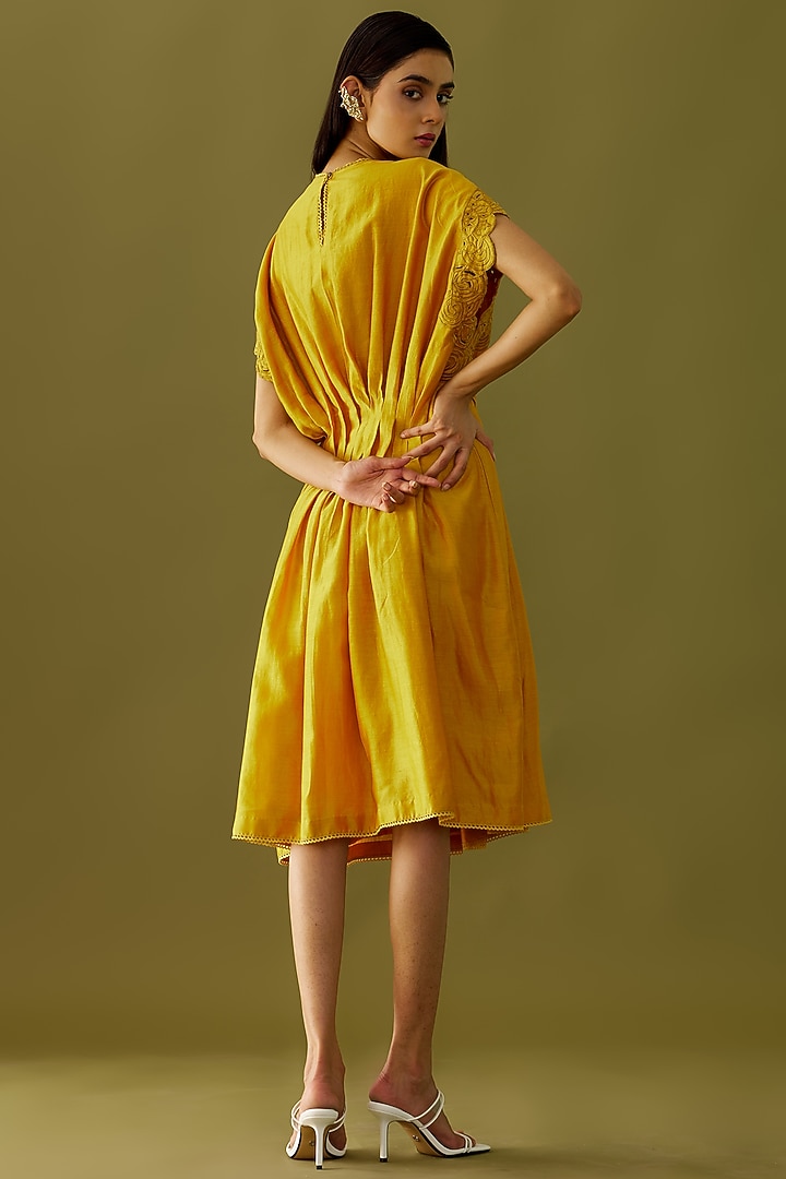 Yellow Embroidered Midi Vacation Dress by Chandrima at Pernia's Pop Up Shop