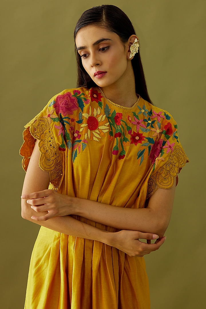 Yellow Embroidered Midi Vacation Dress by Chandrima at Pernia's Pop Up Shop
