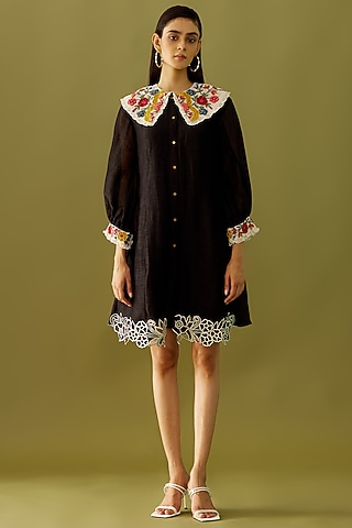 Black Linen Silk Embroidered Dress by Chandrima