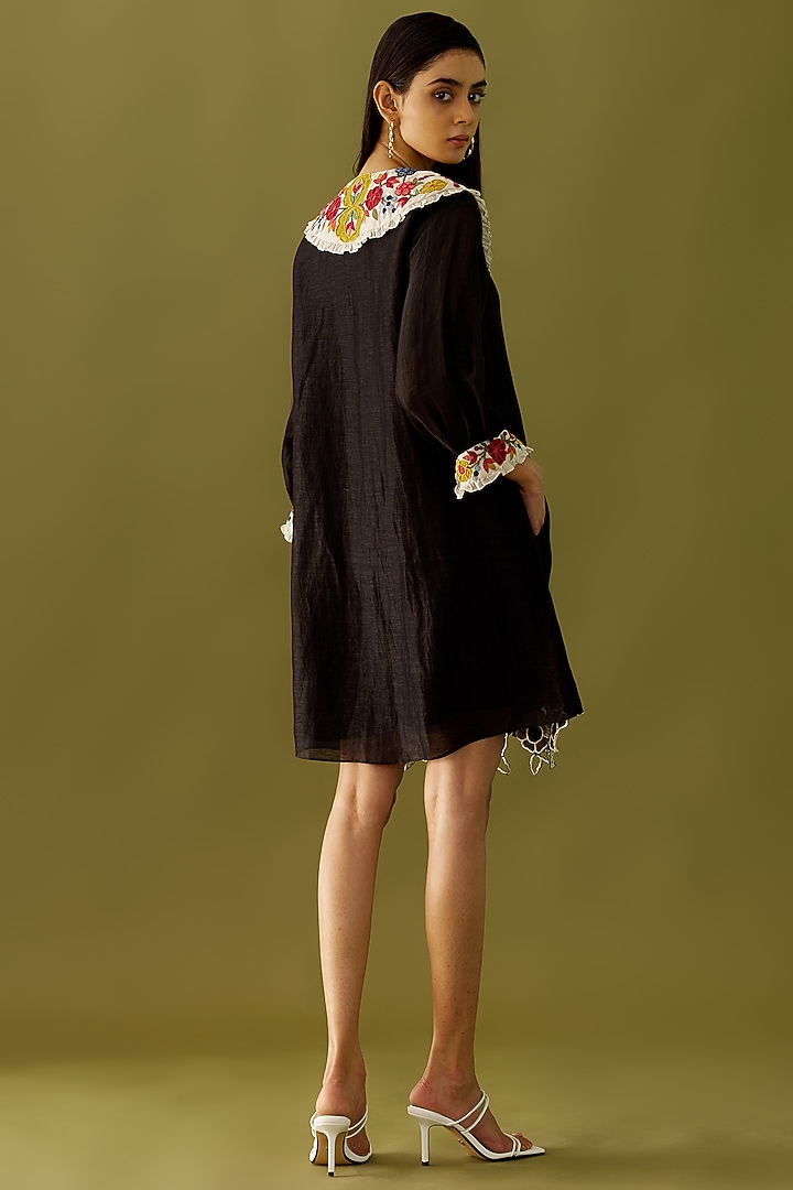 Black Linen Silk Embroidered Vacation Dress by Chandrima at Pernia's Pop Up Shop