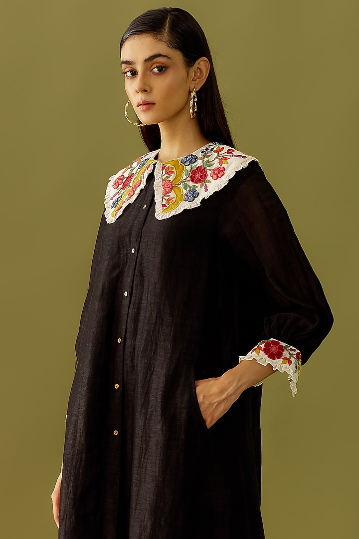 Black Linen Silk Embroidered Vacation Dress by Chandrima at Pernia's Pop Up Shop