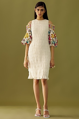 Ivory Cotton Ruched Dress by Chandrima