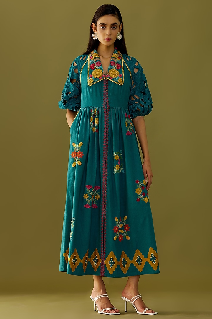 Teal Embroidered Midi Cocktail Dress by Chandrima at Pernia's Pop Up Shop