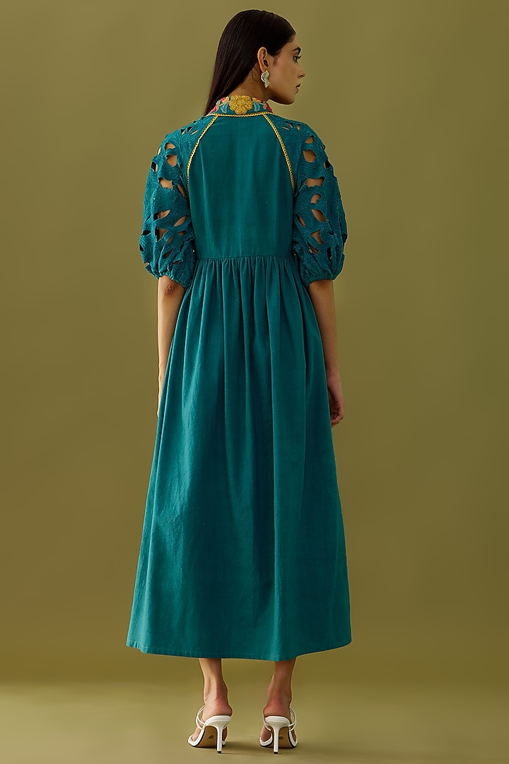 Teal Embroidered Midi Cocktail Dress by Chandrima at Pernia's Pop Up Shop