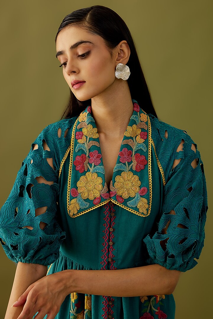 Teal Embroidered Midi Cocktail Dress by Chandrima at Pernia's Pop Up Shop