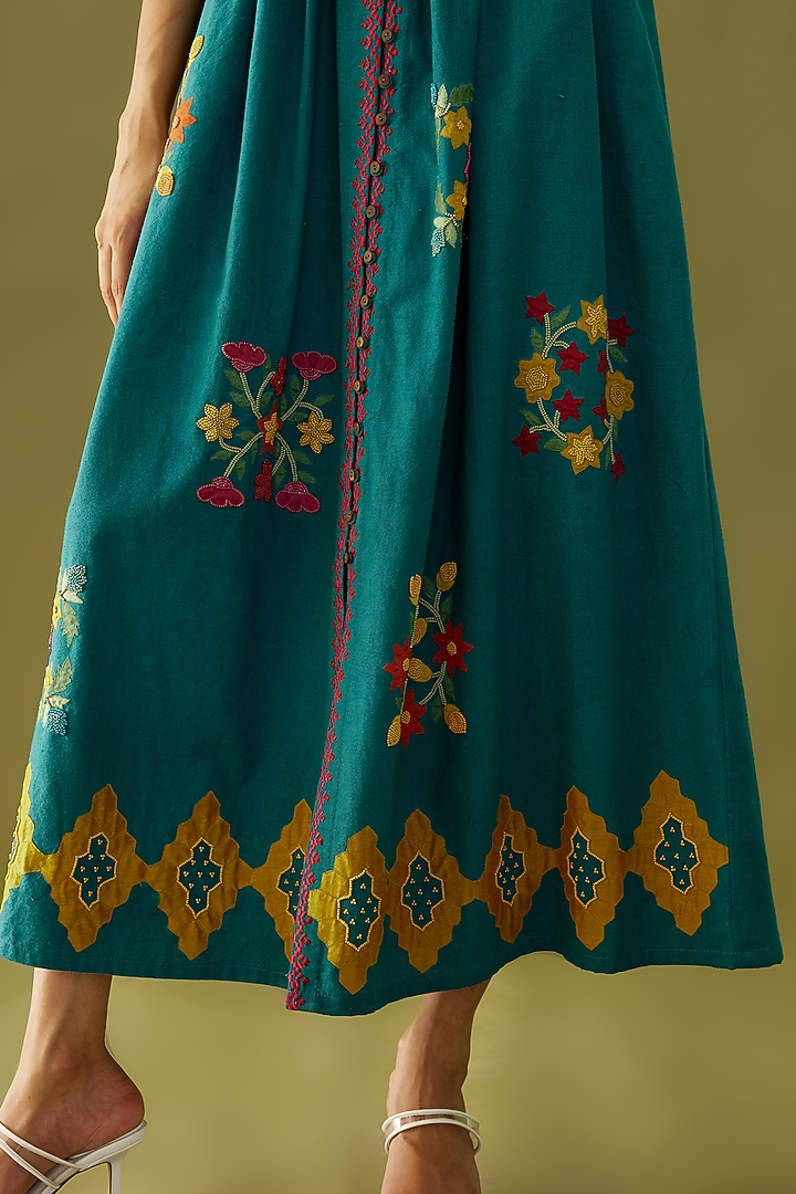 Teal Embroidered Midi Cocktail Dress by Chandrima at Pernia's Pop Up Shop