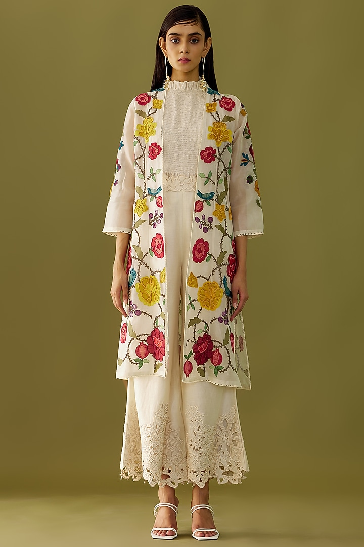 Ivory Organza Embroidered Jacket by Chandrima at Pernia's Pop Up Shop