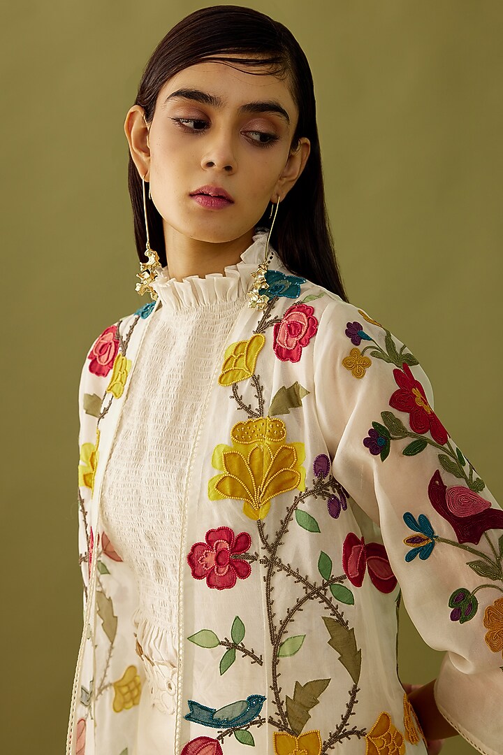 Ivory Organza Embroidered Jacket by Chandrima at Pernia's Pop Up Shop