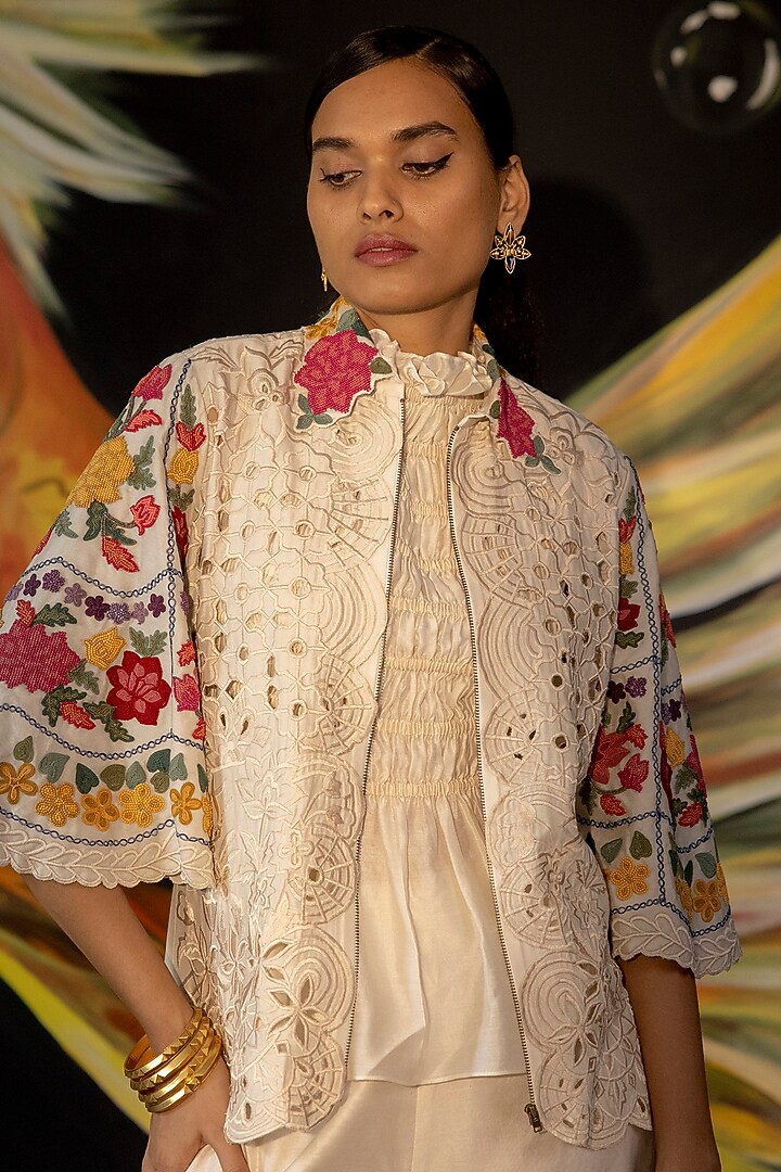 Ivory Embroidered Short Jacket by Chandrima at Pernia's Pop Up Shop