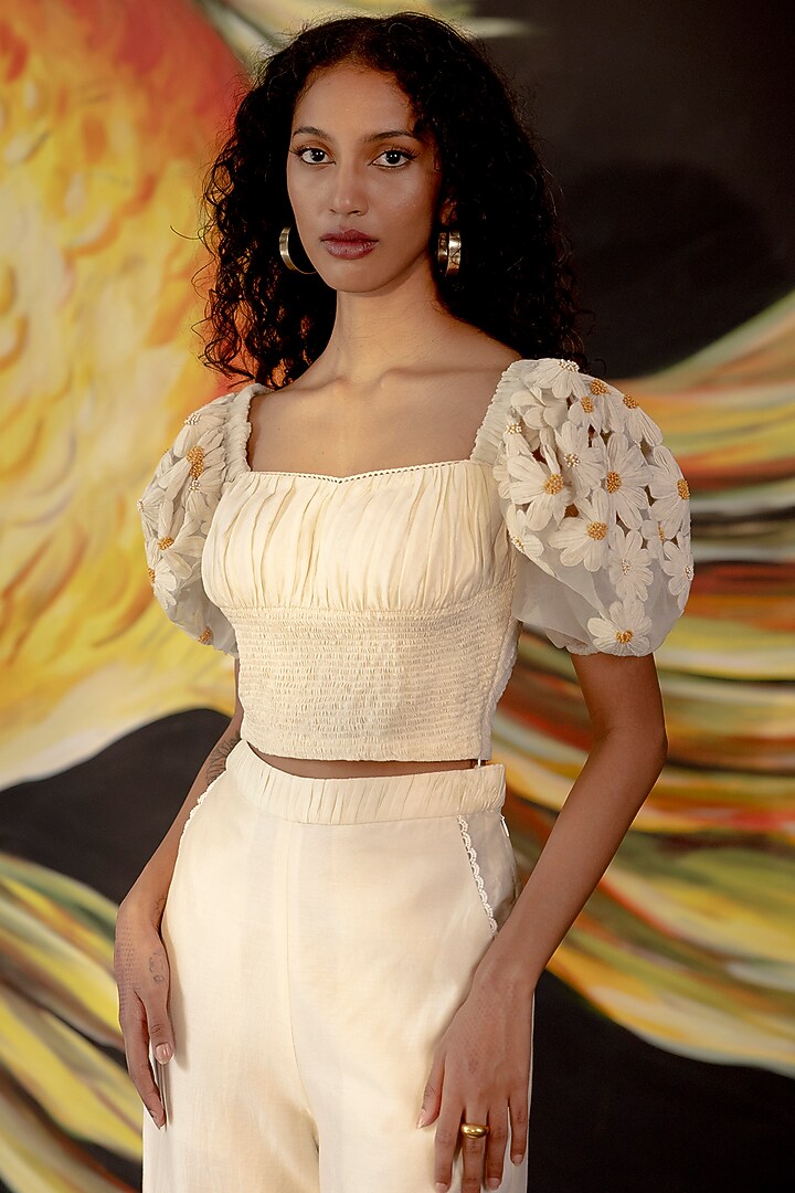 Ivory Chanderi & Organza Top by Chandrima at Pernia's Pop Up Shop