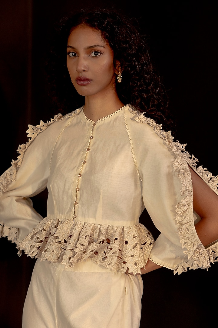 Ivory Chanderi Ruffled Top by Chandrima at Pernia's Pop Up Shop