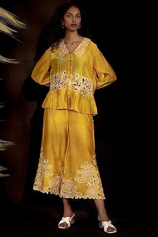 Yellow Chanderi Pleated Shirt by Chandrima