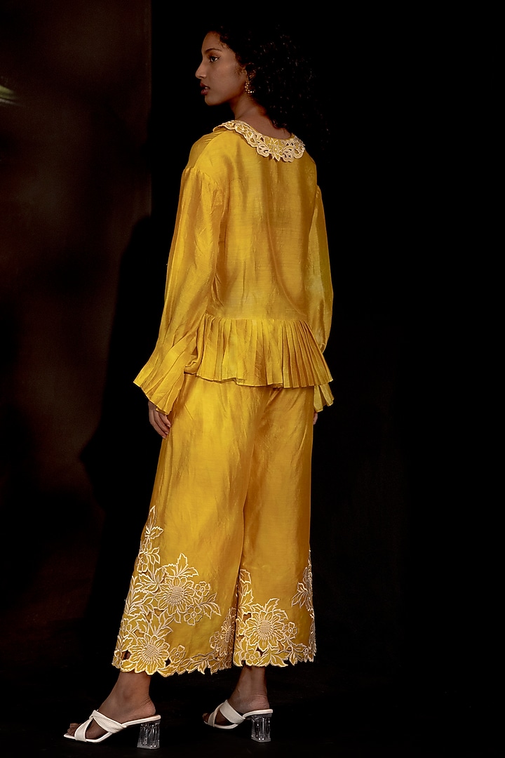 Yellow Chanderi Pleated Shirt by Chandrima at Pernia's Pop Up Shop