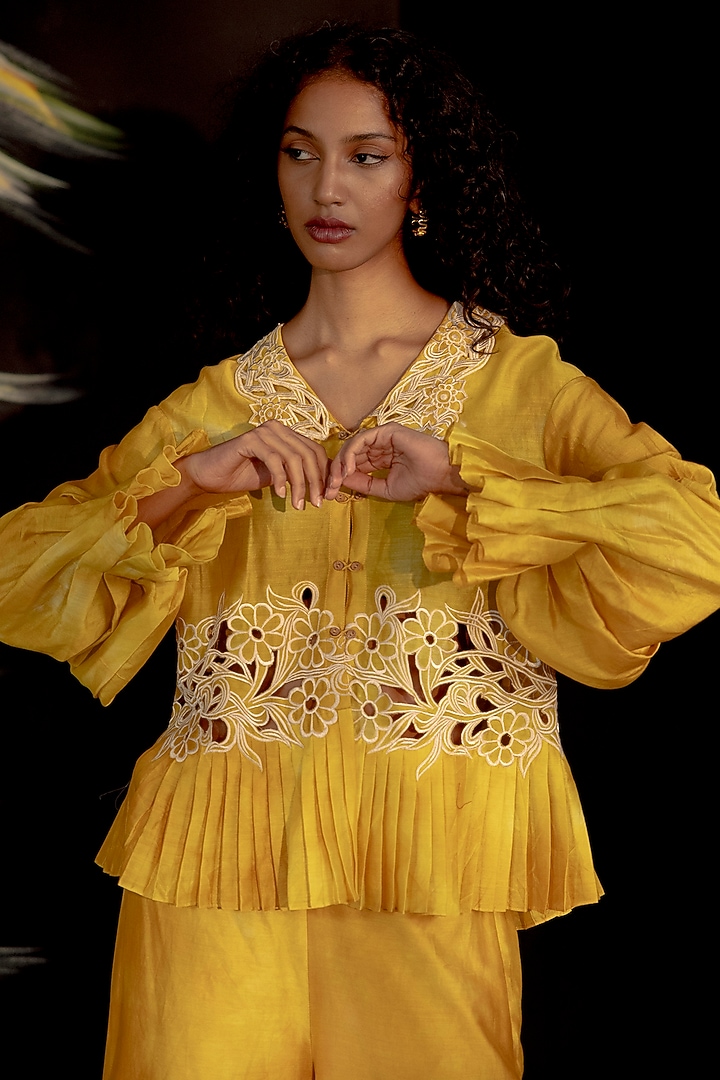 Yellow Chanderi Pleated Shirt by Chandrima at Pernia's Pop Up Shop