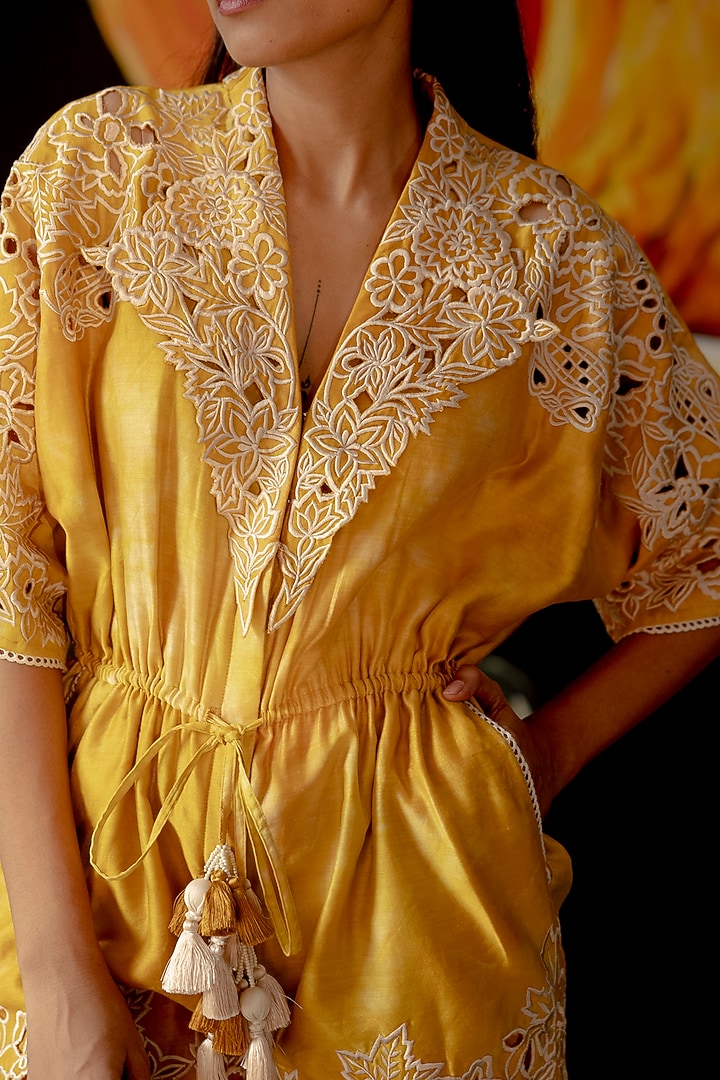 Yellow Chanderi Playsuit by Chandrima at Pernia's Pop Up Shop