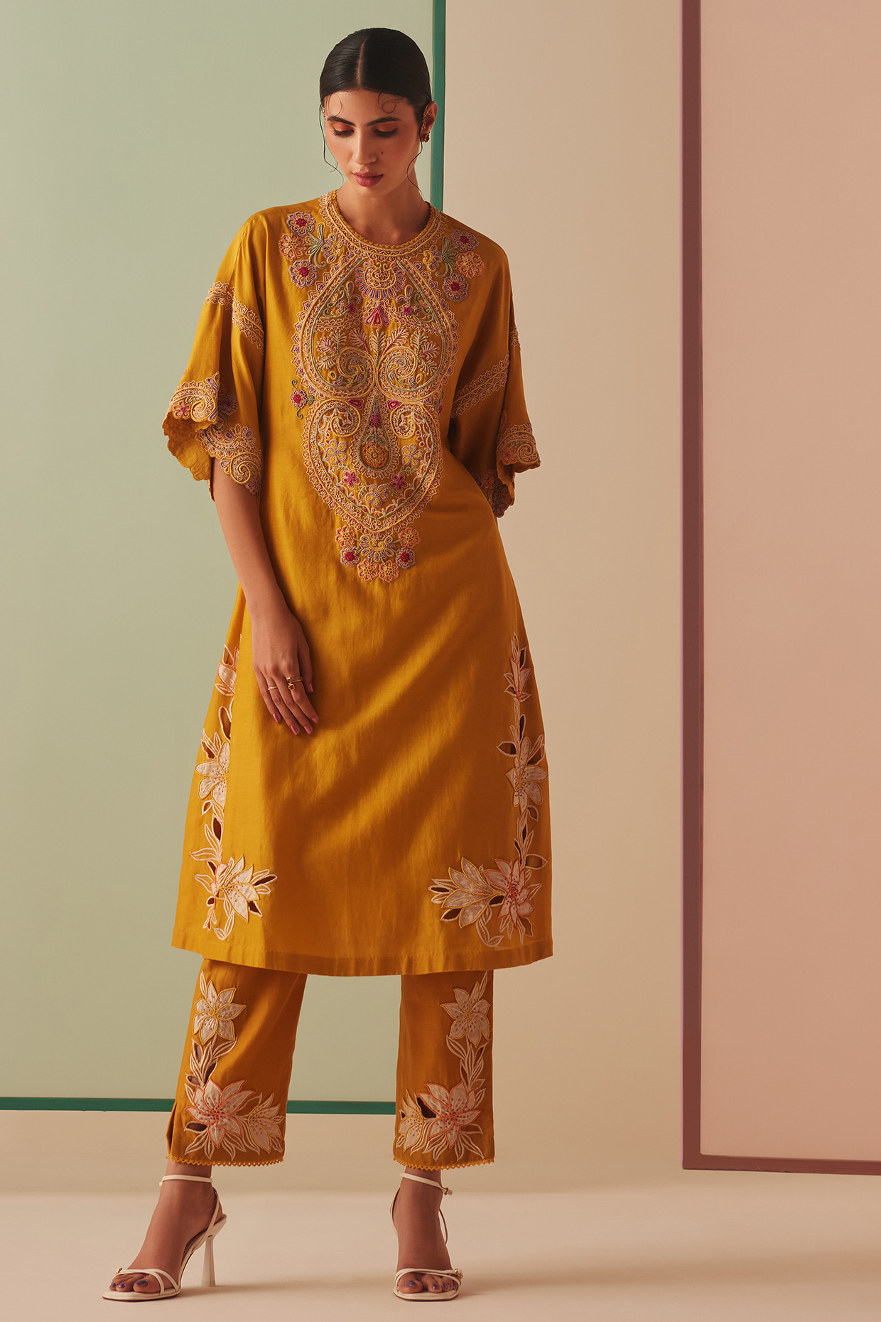 Mustard Chanderi Embroidered Kurta Set by Chandrima at Pernia's Pop Up Shop