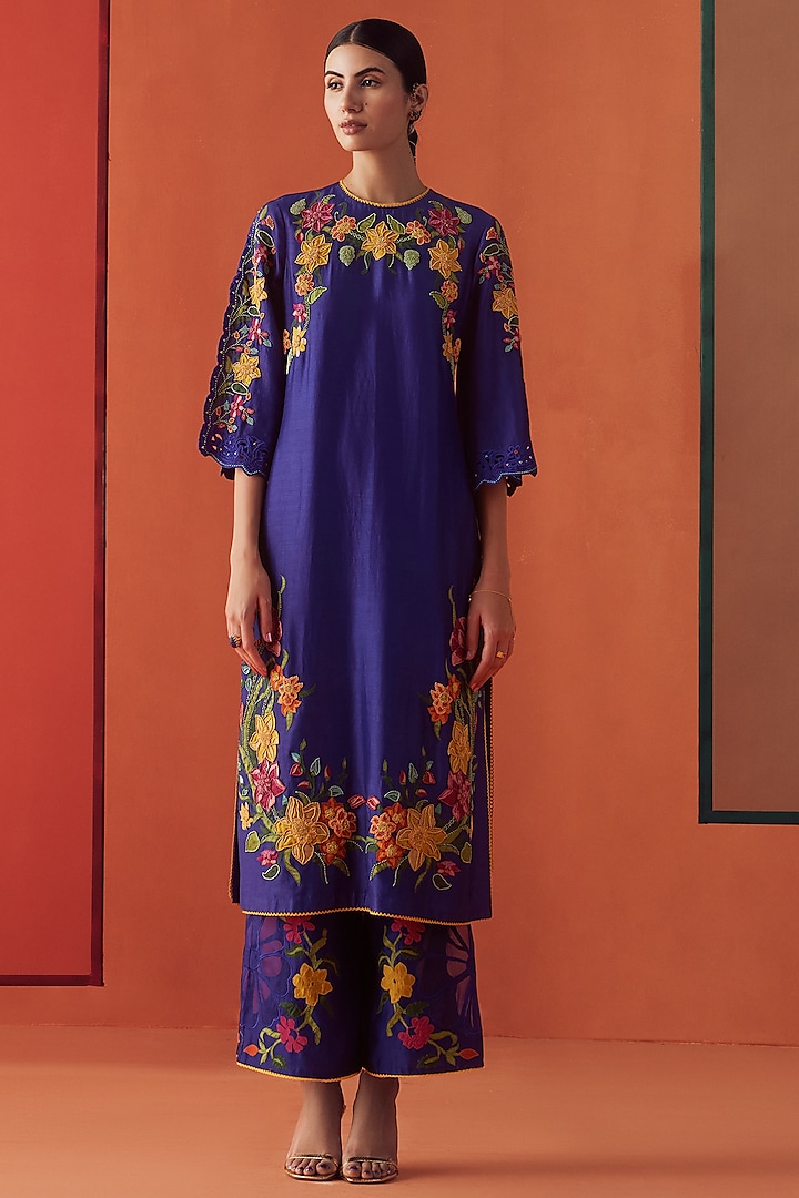Cobalt Blue Chanderi Embroidered Kurta Set by Chandrima at Pernia's Pop Up Shop