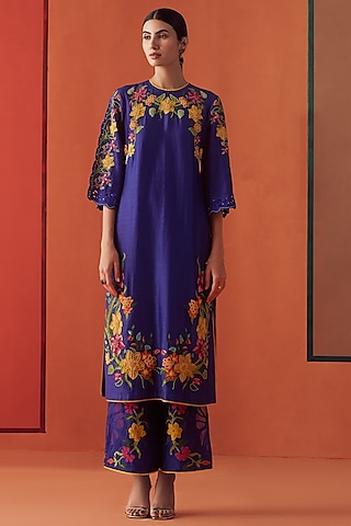 Cobalt Blue Chanderi Embroidered Kurta Set by Chandrima