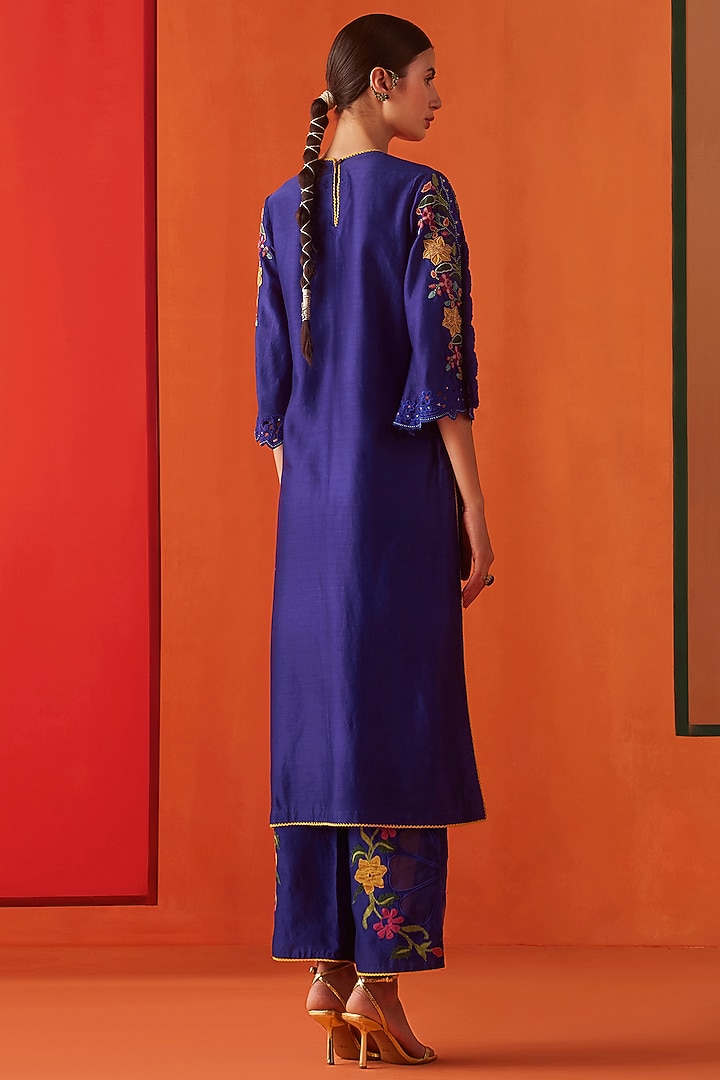 Cobalt Blue Chanderi Embroidered Kurta Set by Chandrima at Pernia's Pop Up Shop