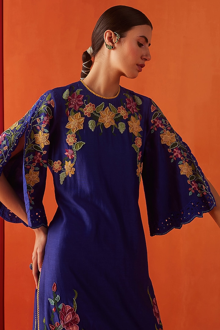 Cobalt Blue Chanderi Embroidered Kurta Set by Chandrima at Pernia's Pop Up Shop