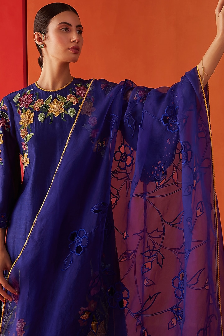 Cobalt Blue Silk Organza Embroidered Dupatta by Chandrima at Pernia's Pop Up Shop
