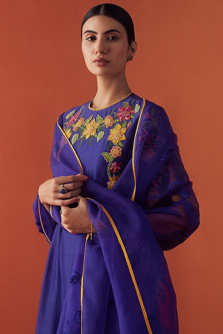 Cobalt Blue Silk Organza Embroidered Dupatta by Chandrima at Pernia's Pop Up Shop